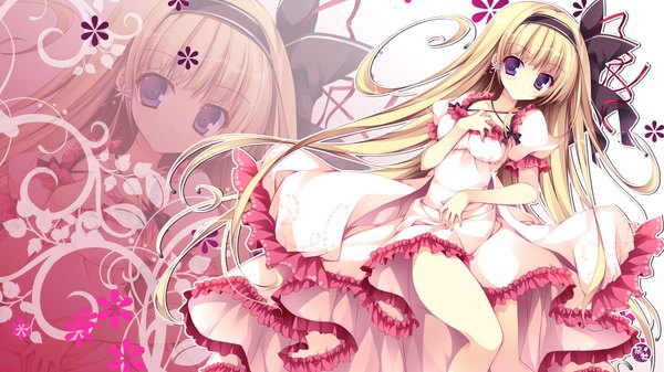 Anime picture 1920x1080 with original nanaroba hana single long hair looking at viewer highres blue eyes blonde hair wide image zoom layer girl dress flower (flowers) bow hair bow frills hairband