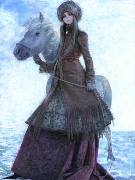 Anime picture 750x1000 with original tagme (artist) long hair tall image looking at viewer brown hair brown eyes sky winter exhalation girl dress gloves animal coat cap horse