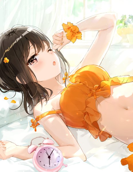 Anime picture 720x931 with original fuumi (radial engine) single tall image looking at viewer blush fringe short hair breasts open mouth black hair bare shoulders brown eyes upper body indoors lying nail polish one eye closed arm up hair flower