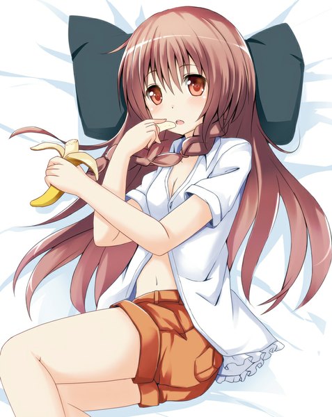 Anime picture 795x1000 with original ok-ray single long hair tall image looking at viewer blush red eyes brown hair lying eating girl shirt shorts fruit banana