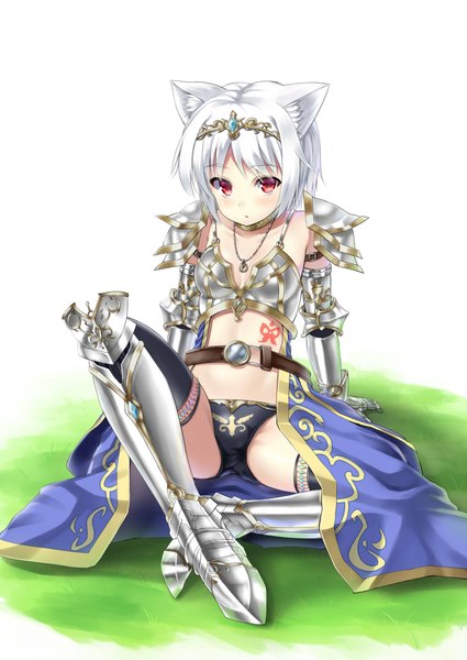 Anime picture 1416x2000 with original alexmaster single tall image blush short hair light erotic red eyes sitting animal ears white hair tattoo knight girl thighhighs black thighhighs armor pendant