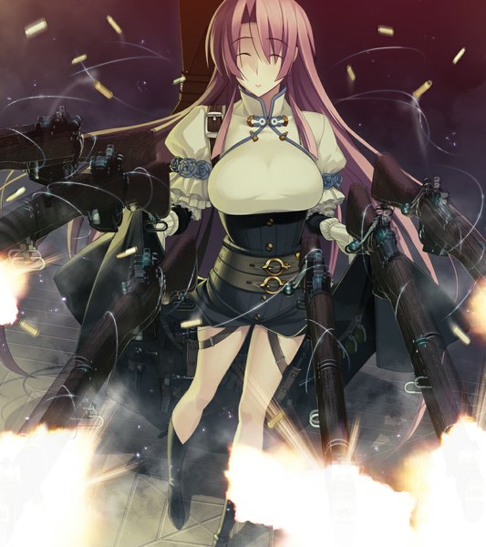 Anime picture 1024x1152 with full metal daemon muramasa nitroplus ootori kanae single long hair tall image breasts light erotic large breasts pink hair eyes closed from above girl weapon belt gun fire shell casing