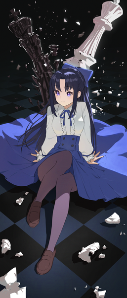 Anime picture 1500x3500 with isekai nonbiri nouka fraurem chrome e ga ku single long hair tall image blush fringe black hair smile sitting purple eyes payot looking away full body bent knee (knees) arm support checkered floor floor double buttons