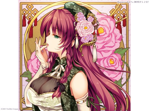 Anime picture 1600x1200 with touhou hong meiling moneti (daifuku) single long hair fringe breasts open mouth hair between eyes green eyes signed looking away upper body red hair braid (braids) nail polish traditional clothes profile hair flower fingernails