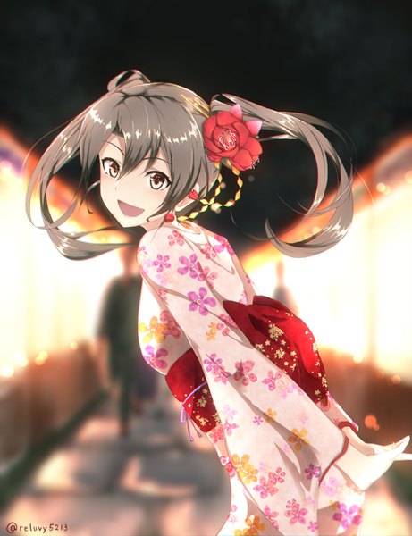 Anime picture 1000x1300 with kantai collection zuikaku aircraft carrier reluvy long hair tall image looking at viewer blush fringe open mouth brown hair twintails brown eyes outdoors traditional clothes japanese clothes looking back hair flower alternate costume floral print hands behind back