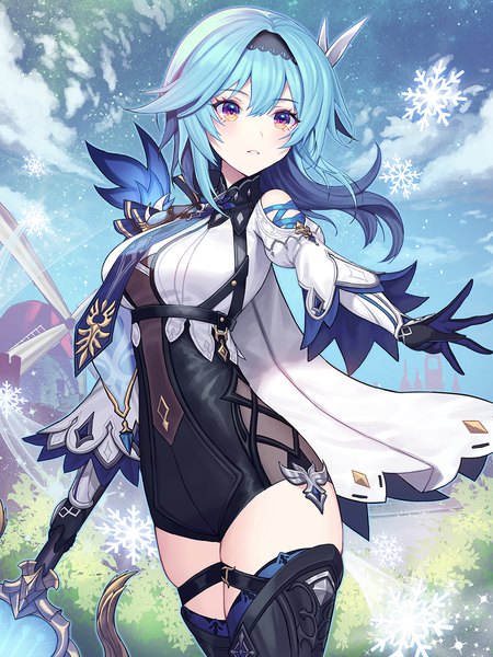 Anime-Bild 1000x1333 mit genshin impact eula lawrence kyundoo single long hair tall image fringe hair between eyes purple eyes blue hair looking away sky cloud (clouds) outdoors parted lips skindentation bad proportions girl gloves weapon