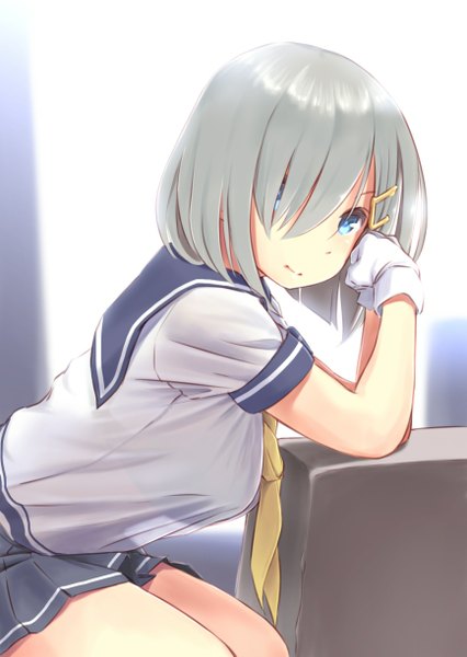 Anime picture 868x1223 with kantai collection hamakaze destroyer wa (genryusui) single tall image looking at viewer fringe short hair blue eyes sitting silver hair hair over one eye see-through silhouette girl skirt gloves hair ornament miniskirt white gloves sailor suit