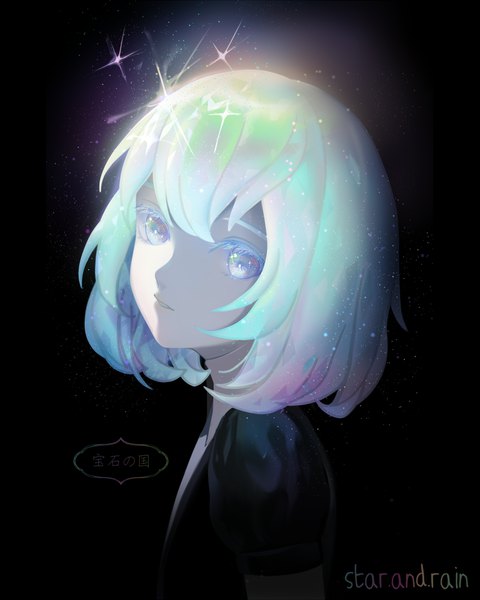 Anime picture 800x1000 with houseki no kuni diamond (houseki no kuni) rainry single tall image looking at viewer fringe short hair hair between eyes signed payot upper body parted lips head tilt multicolored hair sparkle puffy sleeves copyright name hieroglyph portrait