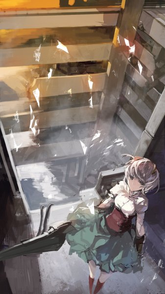 Anime picture 1062x1889 with god eater god eater 2 ufotable ciel alencon swd3e2 single tall image looking at viewer short hair from above grey hair grey eyes girl skirt gloves weapon sword building (buildings) knee socks