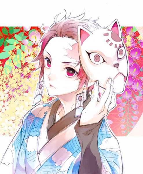 Anime picture 659x800 with kimetsu no yaiba ufotable kamado tanjirou sugahara ryuu single tall image looking at viewer short hair pink hair upper body traditional clothes japanese clothes pink eyes from above portrait scar boy flower (flowers) earrings mask