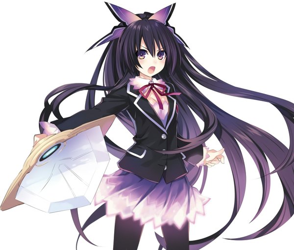 Anime picture 1600x1360 with date a live yatogami tooka tsunako looking at viewer fringe open mouth simple background white background purple eyes holding purple hair very long hair official art serious skirt hair ornament ribbon (ribbons) shirt bowtie
