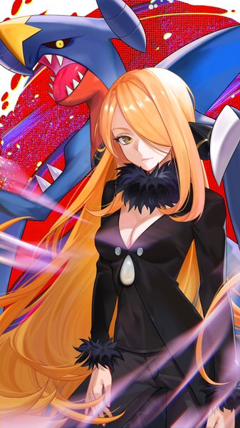 Anime picture 1054x1878 with pokemon nintendo cynthia (pokemon) garchomp peach luo single tall image looking at viewer fringe blonde hair yellow eyes cleavage very long hair hair over one eye gen 4 pokemon girl pokemon (creature)