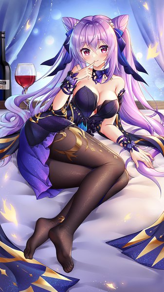 Anime picture 1000x1778 with genshin impact keqing (genshin impact) keqing (opulent splendor) (genshin impact) gavin007 single long hair tall image looking at viewer blush fringe breasts light erotic hair between eyes large breasts twintails bare shoulders payot cleavage purple hair full body