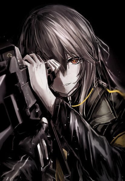 Anime picture 3818x5541 with girls frontline ump40 (girls frontline) haguruma (hagurumali) long hair tall image looking at viewer fringe highres simple background smile hair between eyes holding brown eyes absurdres upper body parted lips grey hair black background solo focus covering eye (eyes)