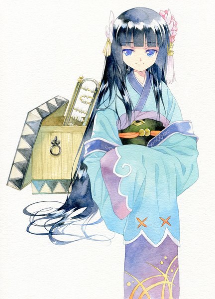 Anime picture 750x1041 with rune factory yue (rune factory) agahari single long hair tall image looking at viewer fringe blue eyes black hair simple background smile white background sitting traditional clothes japanese clothes hair flower traditional media watercolor (medium) girl