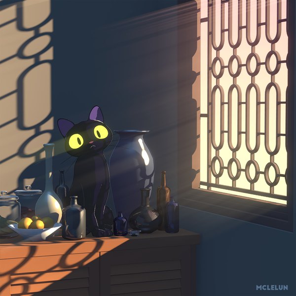 Anime picture 1000x1000 with original mclelun looking at viewer sitting signed yellow eyes indoors sunlight shadow no people slit pupils animal window cat fruit bottle vase pitcher