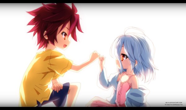 Anime picture 1913x1140 with no game no life madhouse shiro (no game no life) sora (no game no life) ar-ua fringe highres short hair open mouth simple background hair between eyes wide image white background brown eyes bent knee (knees) red hair profile aqua hair open clothes open jacket