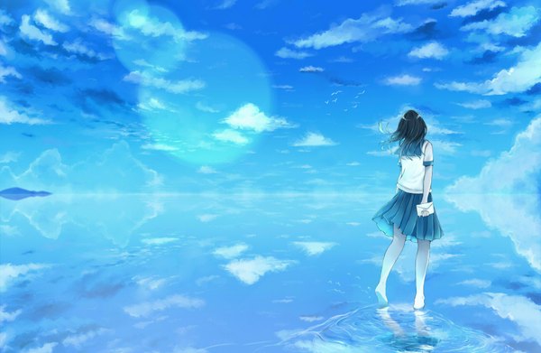 Anime picture 1902x1240 with original utakata (s sw) single long hair highres black hair holding sky cloud (clouds) outdoors wind from behind no shoes lens flare back walking girl uniform animal water