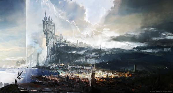 Anime picture 2000x1075 with final fantasy final fantasy xvi square enix takahashi kazuya highres wide image standing sky cloud (clouds) outdoors official art city cityscape fantasy silhouette boy building (buildings) dragon castle cliff