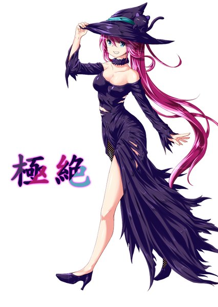 Anime picture 1104x1553 with dungeon and fighter kaho tall image looking at viewer blue eyes smile bare shoulders pink hair very long hair torn clothes witch girl dress hat witch hat