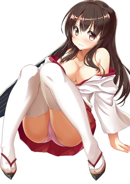 Anime picture 850x1202 with kantai collection akagi aircraft carrier sakurano yukke single long hair tall image looking at viewer blush breasts light erotic simple background brown hair large breasts white background brown eyes traditional clothes off shoulder pantyshot pantyshot sitting girl
