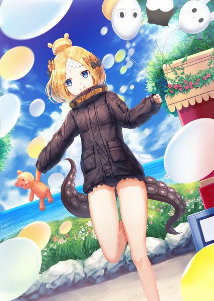 Anime picture 1264x1777 with fate (series) fate/grand order abigail williams (fate) lunacle single long hair tall image looking at viewer fringe blue eyes light erotic blonde hair smile standing holding sky cloud (clouds) outdoors hair bun (hair buns) standing on one leg