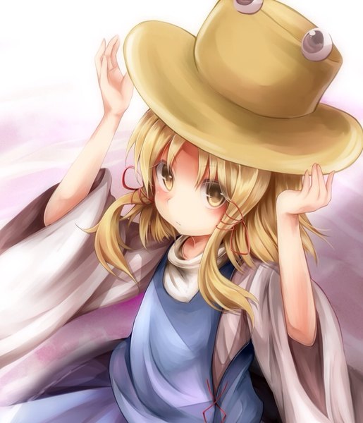 Anime picture 788x917 with touhou moriya suwako chikuwa savi single tall image looking at viewer blush fringe short hair blonde hair brown eyes wide sleeves adjusting hat eyes girl dress ribbon (ribbons) hair ribbon hat