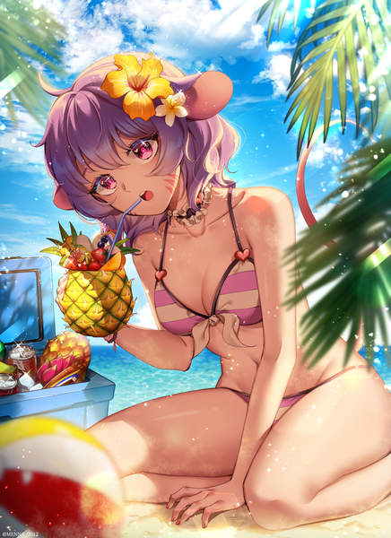 Anime picture 1600x2200 with original menna (0012) single long hair tall image looking at viewer breasts open mouth light erotic sitting purple eyes holding signed animal ears payot sky cleavage purple hair cloud (clouds) ahoge