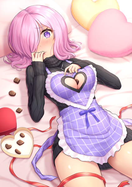 Anime picture 848x1200 with fate (series) fate/grand order mash kyrielight oyaji-sou single tall image looking at viewer blush fringe short hair breasts light erotic purple eyes pink hair lying hair over one eye on back dutch angle embarrassed thighs