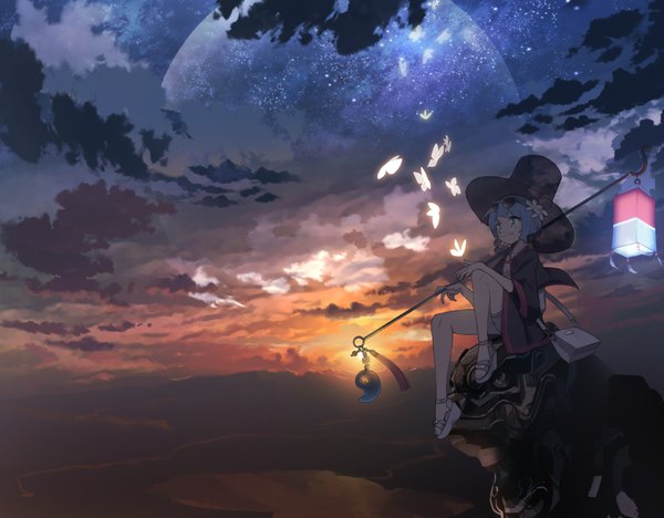 Anime picture 1920x1500 with crusaders quest (game) korin (cq) whitebear single long hair highres smile sitting holding looking away purple hair cloud (clouds) bent knee (knees) braid (braids) long sleeves traditional clothes hair flower from above sunlight night