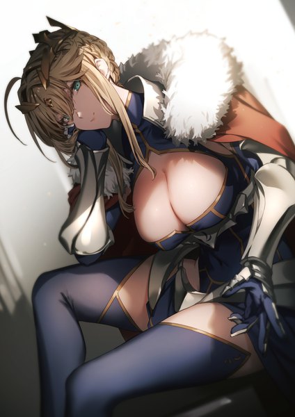 Anime picture 1400x1980 with fate (series) fate/grand order artoria pendragon (all) artoria pendragon (lancer) kyouya (mukuro238) single tall image looking at viewer fringe short hair breasts light erotic blonde hair smile hair between eyes large breasts sitting cleavage ahoge aqua eyes