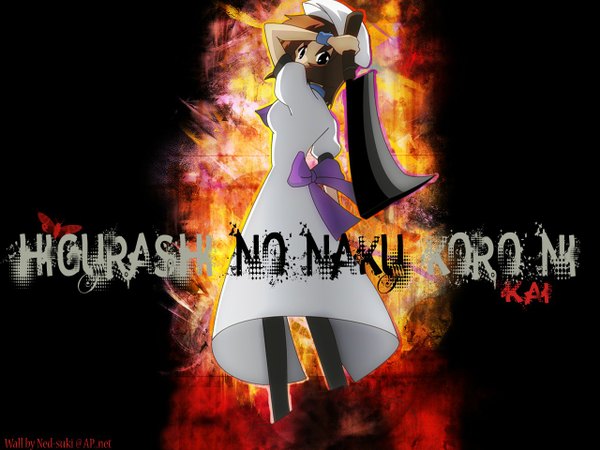 Anime picture 1280x960 with higurashi no naku koro ni studio deen ryuuguu rena single short hair brown hair standing holding signed looking back arm up from behind inscription short sleeves puffy sleeves copyright name black background girl dress bow