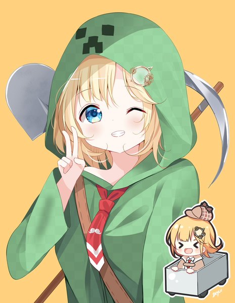 Anime picture 946x1220 with minecraft virtual youtuber hololive hololive english watson amelia creeper deyui single tall image looking at viewer short hair blue eyes simple background blonde hair smile one eye closed wink grin victory cosplay