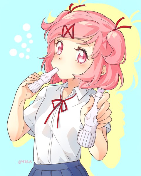 Anime picture 900x1125 with doki doki literature club papico (ice cream) natsuki (doki doki literature club) nan (gokurou) single tall image looking at viewer blush fringe short hair simple background holding signed pink hair upper body pink eyes shadow short sleeves two side up twitter username