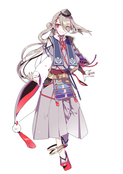 Anime picture 1000x1414 with touken ranbu nitroplus ima-no-tsurugi shikimi (yurakuru) single long hair tall image fringe smile red eyes looking away silver hair full body traditional clothes japanese clothes hair over one eye official art spread arms transparent background boy