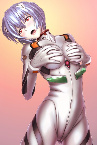 Anime picture 830x1236 with neon genesis evangelion gainax ayanami rei akahige single tall image blush short hair breasts open mouth light erotic simple background red eyes blue hair looking away cameltoe breast grab saliva girl bodysuit