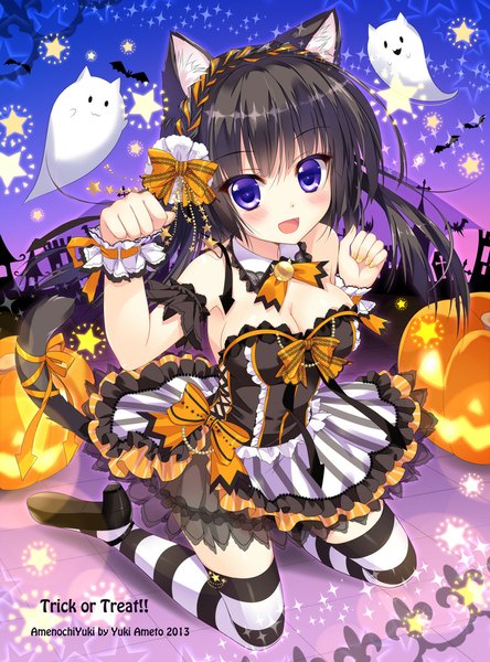Anime picture 741x1000 with original anzu cocoa ameto yuki long hair tall image looking at viewer blush open mouth black hair purple eyes animal ears tail braid (braids) animal tail cat ears sparkle cat girl cat tail halloween crown braid