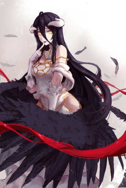 Anime-Bild 1668x2480 mit overlord (maruyama) madhouse albedo (overlord) hfp kubiao single long hair tall image looking at viewer breasts open mouth black hair large breasts standing bare shoulders yellow eyes ahoge horn (horns) gradient background finger to mouth demon girl