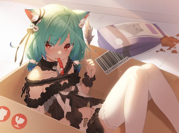 Anime picture 2480x1836 with virtual youtuber hololive uruha rushia uruha rushia (3rd costume) mokew single looking at viewer highres short hair red eyes twintails holding animal ears indoors green hair cat ears mouth hold low twintails official alternate costume food on face