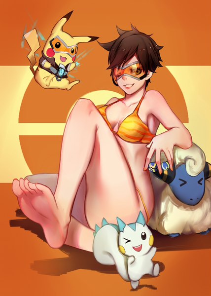 Anime picture 1133x1587 with pokemon overwatch nintendo blizzard entertainment pikachu tracer (overwatch) pachirisu mareep pantie painting single tall image fringe short hair breasts light erotic smile brown hair sitting brown eyes one eye closed