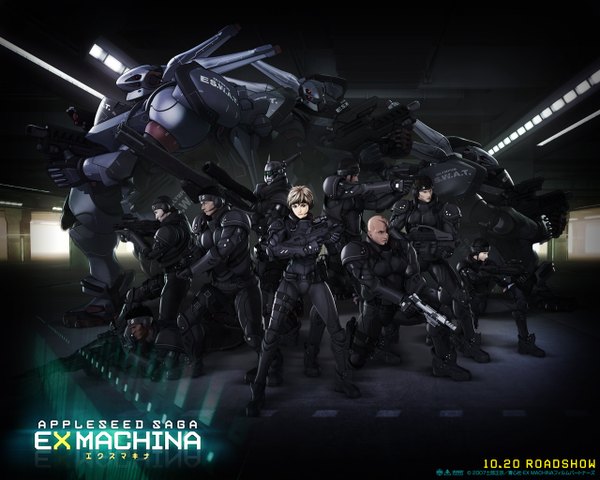 Anime picture 1280x1024 with appleseed appleseed exmachina deunan knute briareos hecatonchires looking at viewer short hair black hair blonde hair multiple girls looking away lying profile multiple boys wallpaper copyright name dark skin scar fighting stance bald girl