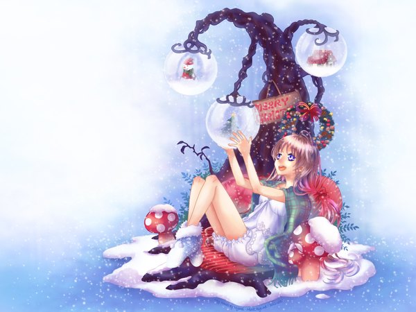 Anime picture 2048x1536 with yamyom nyorai (artist) single long hair highres open mouth blue eyes smile brown hair sitting ahoge snowing christmas winter snow merry christmas girl bow plant (plants) hair bow