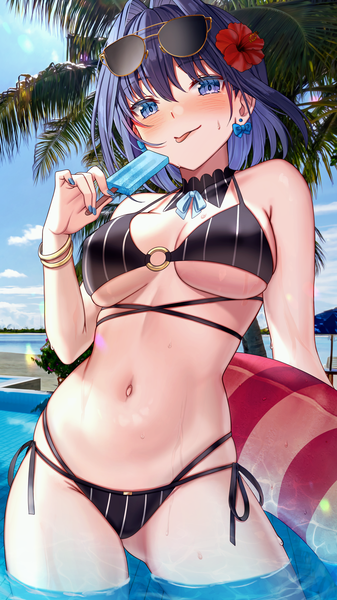 Anime picture 1000x1779 with virtual youtuber hololive hololive english ouro kronii saruei single tall image looking at viewer blush fringe short hair breasts blue eyes light erotic hair between eyes large breasts standing holding blue hair sky