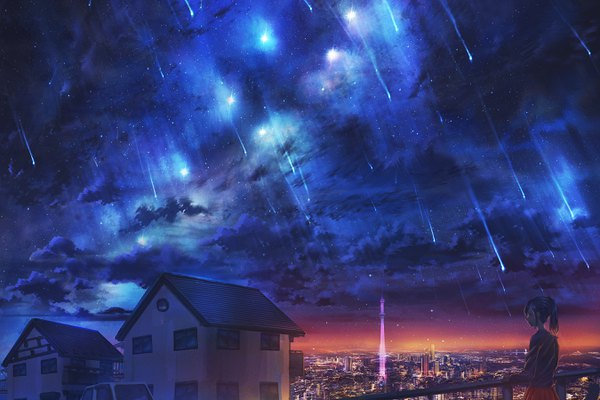 Anime picture 2700x1800 with original kenzo 093 single highres short hair black hair standing payot looking away cloud (clouds) outdoors ponytail night night sky city cityscape scenic city lights shooting star meteor rain