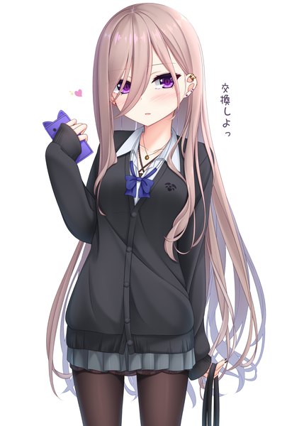 Anime-Bild 1072x1500 mit original yoye (pastel white) single long hair tall image looking at viewer blush fringe breasts simple background brown hair standing white background purple eyes holding long sleeves nail polish pleated skirt arm up hair over one eye