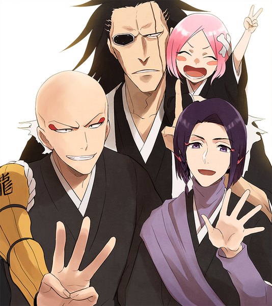 Аниме картинка 713x800 с блич studio pierrot zaraki kenpachi kusajishi yachiru madarame ikkaku ayasegawa yumichika yukin (es) длинные волосы высокое изображение румянец короткие волосы открытый рот чёрные волосы простой фон белый фон фиолетовые глаза розовые волосы фиолетовые волосы закрытые глаза традиционная одежда