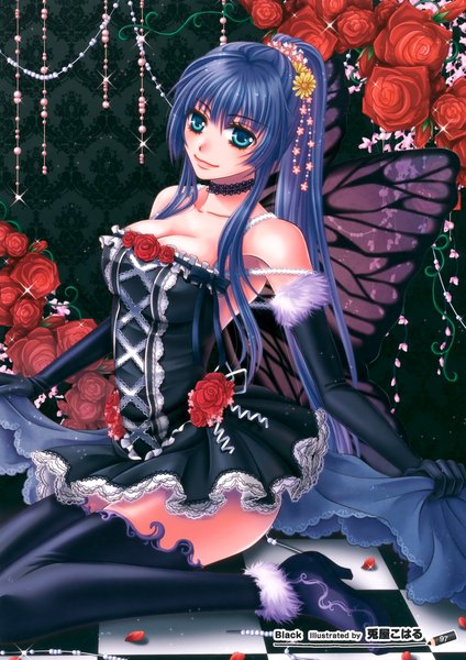 Anime picture 2475x3500 with original usagiya koharu (artist) single long hair tall image highres blue eyes light erotic smile sitting bare shoulders blue hair ponytail insect wings butterfly wings girl thighhighs dress hair ornament flower (flowers)