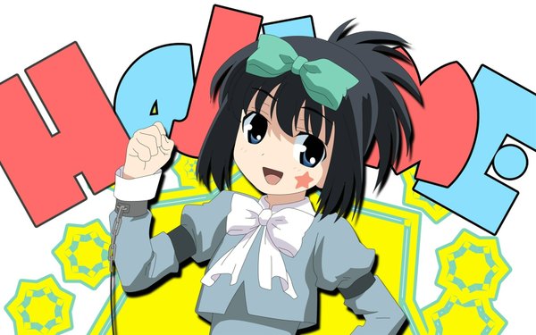 Anime picture 1680x1050 with saki kunihiro hajime highres blue eyes black hair wide image uniform bow hair bow school uniform star (symbol) handcuffs