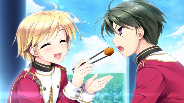 Anime picture 1920x1080 with hello lady akatsuki-works katsuragi sorako highres short hair open mouth black hair blonde hair wide image purple eyes game cg eyes closed couple eating ^ ^ ^o^ feeding girl boy uniform