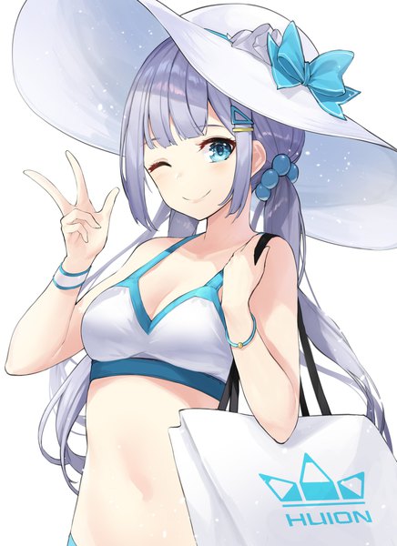 Anime picture 1711x2352 with huion star741 single long hair tall image looking at viewer fringe highres blue eyes light erotic smile twintails purple hair blunt bangs one eye closed wink low twintails girl swimsuit hat